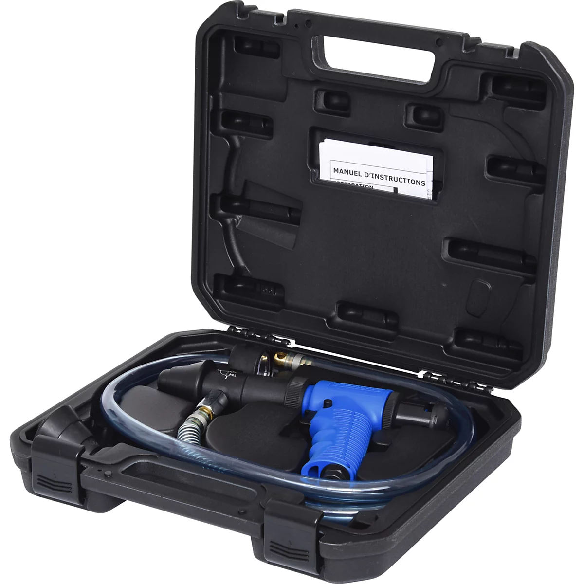 Schwarzer Werkzeugkasten mit Werkzeug und blauer Pistole, "Manuel d'Instructions" ist auf dem Deckel.